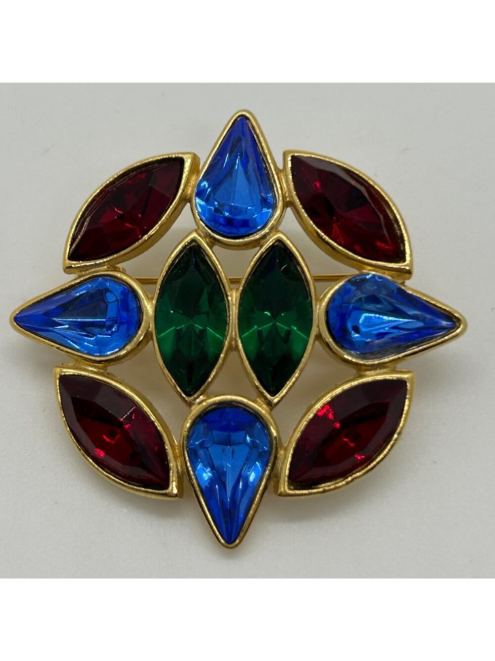 Vintage Gold Tone Multi-Color Brooch Pin Jewel Colored Rhinestone Statement 1990 - Picture 3 of 12
